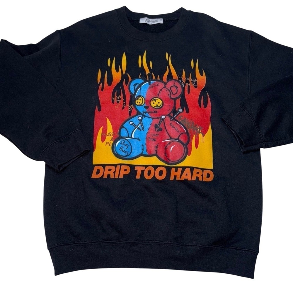 3Forty Inc Sweatshirt Mens‎ M Black Flame Drip Too Hard Teddy Bear Streetwear